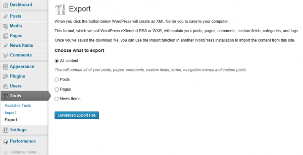 Screenshot of the WordPress Export tool